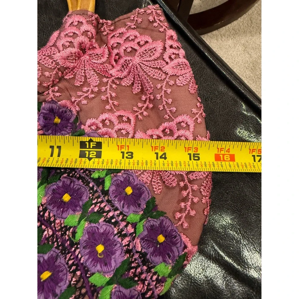 Pink Lace Floral Embroidered Hobo Bag with Wooden‎ Ring Handles Purple Flowers